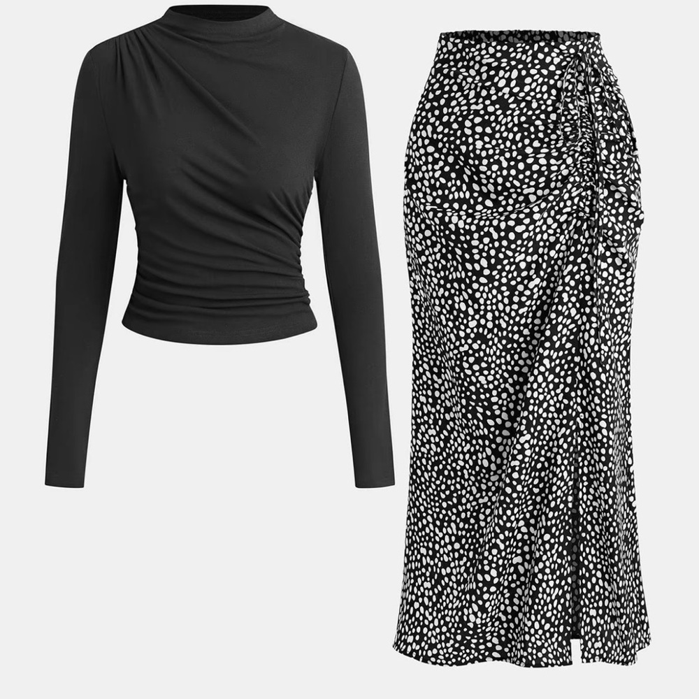 Elegant Black and White Patterned Skirt Set